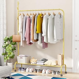 lukzer metal garment rack with bottom shelf amp wheels mgr-007-gold versatile multipurpose single rod coat hanger for bedroom amp balcony cloth drying stand amp storage organizer 173 x 110 x 34 cm