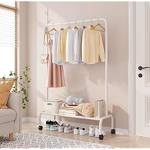 lukzer  mgr-007  white  heavy-duty single pole metal garment stand with wheels amp bottom shelf  portable clothes rack amp storage organizer for bedroom hallway laundry room  34 x 110 x 172 cm