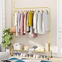 Lukzer Metal Garment Rack with Bottom Shelf &amp; Wheels (MGR-007-Gold) Versatile Multipurpose Single Rod Coat Hanger for Bedroom &amp; Balcony, Cloth Drying Stand &amp; Storage Organizer (173 x 110 x 34 cm)