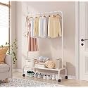 Lukzer | MGR-007 | White | Heavy-Duty Single Pole Metal Garment Stand with Wheels &amp; Bottom Shelf – Portable Clothes Rack &amp; Storage Organizer for Bedroom, Hallway, Laundry Room | 34 x 110 x 172 cm
