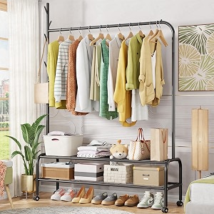 lukzer  mgr-008  black  metal garment rack with wheels amp 2 bottom shelves  freestanding clothes stand amp storage organizer for bedroom living room shop display amp more  173 x 110 x 34 cm