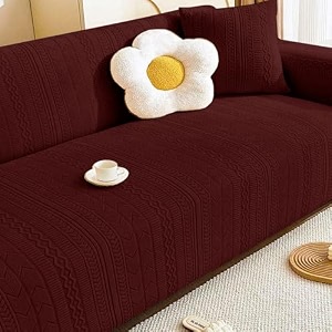 lukzer universal 1 seater jacquard sofa cover with 1 cushion cover soft touching flexible stretch slipcover pastel wine red zigzag patternsc-138-0190-140cm 220 gsm