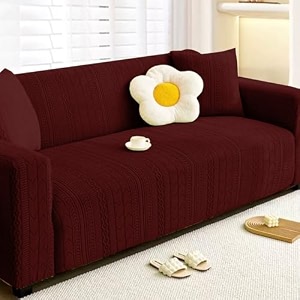 lukzer universal 2 seater jacquard sofa cover with 1 cushion cover soft touching flexible stretch slipcover pastel wine red zigzag patternsc-138-02140-180cm 220 gsm