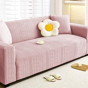 lukzer universal 1 seater jacquard sofa cover with 1 cushion cover soft touching flexible stretch slipcover pastel pink zigzag patternsc-078-0190-140cm 220 gsm