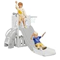 LulliSpace 6 in 1 Toddler Slide,Kids Climber Slider for Indoor Outdoor Playground with Basketball Hoop,Storage and Telescope,L Shaped Slide for Toddler Climber Playset