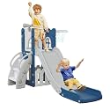 LulliSpace 6 in 1 Toddler Slide,Kids Climber Slider for Indoor Outdoor Playground with Basketball Hoop,Storage and Telescope,L Shaped Slide for Toddler Climber Playset
