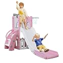 LulliSpace 6 in 1 Toddler Slide,Kids Climber Slider for Indoor Outdoor Playground with Basketball Hoop,Storage and Telescope,L Shaped Slide for Toddler Climber Playset