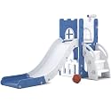 LulliSpace 6 in 1 Toddler Slide for Toddler&amp;Kids,Kids Climber Slider for Indoor Outdoor Playground with Storage,Telescope,Basketball Hoop and L Shaped Slide for Toddler Climber Playset,Blue