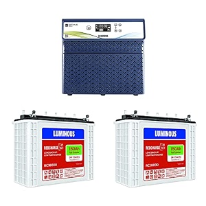 luminous inverter amp battery combo for home office amp shops  optimus 2800 2500va24v pure sine wave inverter  2 x rc 18000 150 ah tall tubular battery  36 m inverter amp 36 m battery warranty
