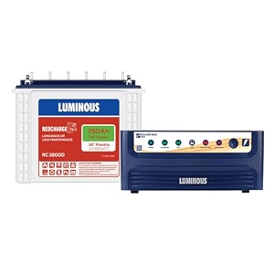 luminous inverter amp battery combo for home shop amp office  power sine 1100 900va12v pure sine wave inverter  rc18000 150ah tall tubular battery  36m warranty on inverter amp battery