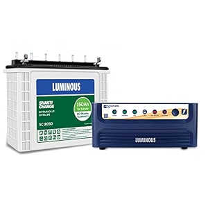 luminous inverter for home office amp shop with luminous battery power sine 1100 pure sine wave 900va 12 volt inverter with shakti charge sc 18060 tall tubular 150 ah battery combo 2 years warranty on inverter 5 years warranty on battery 3 years flat  2 years pro-rata perfect for 3-4 bhk home