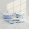 Lumiset Modular Solid Plastic Serving and Mixing Bowl with lid for Rice, Curry, Pasta| 100% Food Grade BPA Free| Unbreakable Microwave and Dishwasher Safe| Set of 2 Blue, Medium