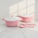 Lumiset Modular Solid Plastic Serving and Mixing Bowl with lid for Rice, Curry, Pasta| 100% Food Grade BPA Free| Unbreakable Microwave and Dishwasher Safe| 3000 ml Set of 2 (Pink, Large)