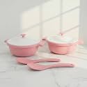 Lumiset Modular Plastic Serving and Mixing Bowl with lid for Rice, Curry, Pasta| 100% Food Grade BPA Free| Unbreakable Microwave and Dishwasher Safe| 1250 ml Set of 2 (Pink, Medium)