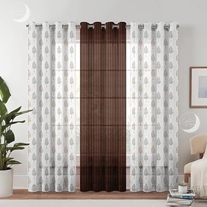 semi transparent 3 piece tissue net sheer polyester tree print door eyelet curtains with grommet for living room home dcor - 7 feet blue pack of 3