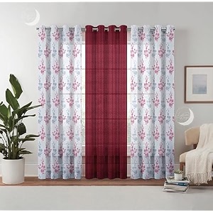 semi transparent 3 piece tissue net sheer polyester floral stripes door eyelet curtains with grommet for living room home decor - 7 feet maroon pack of 3