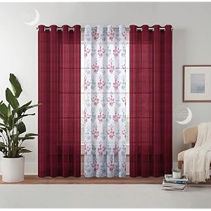 semi transparent 3 piece tissue net sheer polyester stripes floral door eyelet curtains with grommet for living room home decor - 7 feet maroon pack of 3