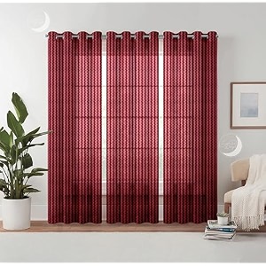 semi transparent 3 piece tissue net sheer polyester stripes long door eyelet curtains with grommet for living room home decor - 9 feet maroon pack of 3