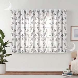 semi transparent 3 piece tissue net sheer polyester leaf print window eyelet curtains with grommet for living room home dcor - 5 feet brown pack of 3