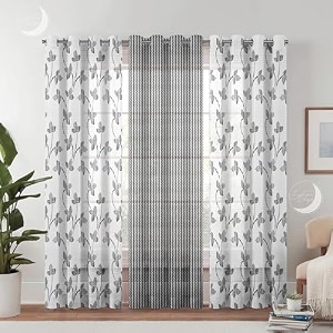semi transparent 3 piece tissue net sheer polyester leaf stripes print door eyelet curtains with grommet for living room home dcor - 7 feet grey pack of 3