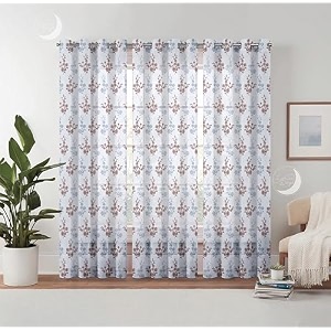 semi transparent 3 piece tissue net sheer polyester floral door eyelet curtains with grommet for living room home decor - 7 feet brown pack of 3