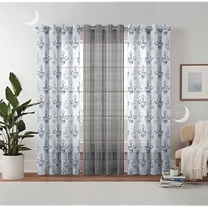 semi transparent 3 piece tissue net sheer polyester floral stripes door eyelet curtains with grommet for living room home decor - 7 feet grey pack of 3