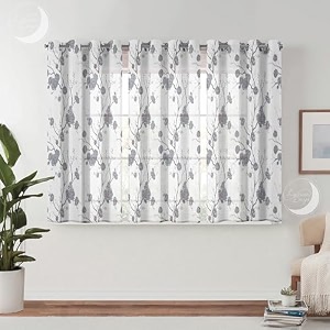 semi transparent 3 piece tissue net sheer polyester flower print window eyelet curtains with grommet for living room home dcor - 5 feet grey pack of 3