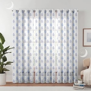 semi transparent 3 piece tissue net sheer polyester tree print door eyelet curtains with grommet for living room home dcor - 7 feet blue pack of 3