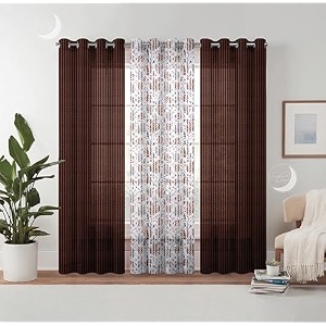 semi transparent 3 piece tissue net sheer polyester leaves stripes window eyelet curtains with grommet for living room home decor - 5 feet brown pack of 3