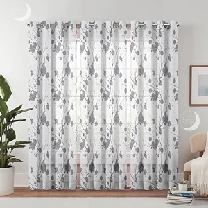 semi transparent 3 piece tissue net sheer polyester flower print long door eyelet curtains with grommet for living room home dcor - 9 feet grey pack of 3