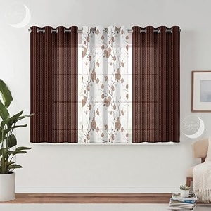 semi transparent 3 piece tissue net sheer polyester stripes flower print window eyelet curtains with grommet for living room home dcor - 5 feet brown pack of 3