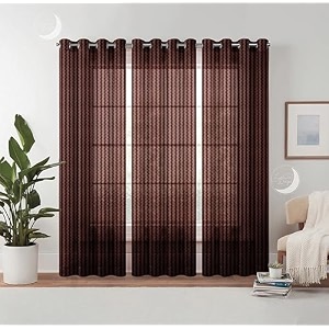 semi transparent 3 piece tissue net sheer polyester stripes long door eyelet curtains with grommet for living room home decor - 9 feet brown pack of 3