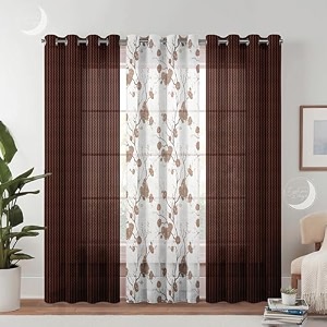 semi transparent 3 piece tissue net sheer polyester stripes flower print door eyelet curtains with grommet for living room home dcor - 7 feet brown pack of 3