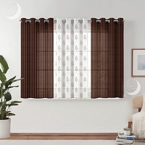 semi transparent 3 piece tissue net sheer polyester stripes tree print window eyelet curtains with grommet for living room home dcor - 5 feet brown pack of 3