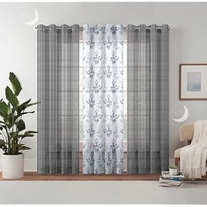 semi transparent 3 piece tissue net sheer polyester stripes floral door eyelet curtains with grommet for living room home decor - 7 feet grey pack of 3