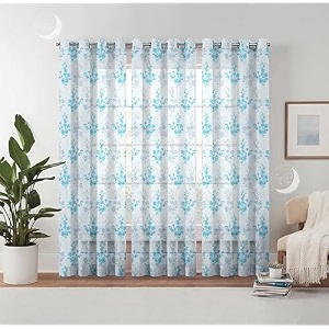 semi transparent 3 piece tissue net sheer polyester tree print door eyelet curtains with grommet for living room home dcor - 7 feet blue pack of 3
