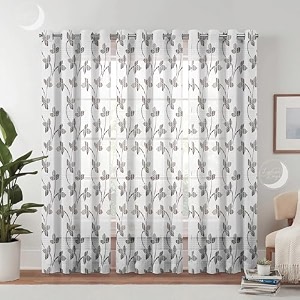 semi transparent 3 piece tissue net sheer polyester leaf print long door eyelet curtains with grommet for living room home dcor - 9 feet brown pack of 3