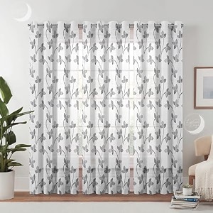 semi transparent 3 piece tissue net sheer polyester leaf print door eyelet curtains with grommet for living room home dcor - 7 feet grey pack of 3
