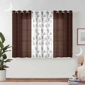 semi transparent 3 piece tissue net sheer polyester stripes leaf print window eyelet curtains with grommet for living room home dcor - 5 feet brown pack of 3