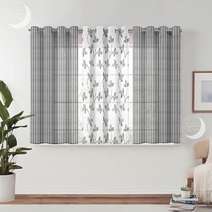 semi transparent 3 piece tissue net sheer polyester stripes leaf print window eyelet curtains with grommet for living room home dcor - 5 feet grey pack of 3