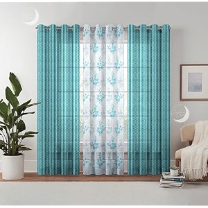 semi transparent 3 piece tissue net sheer polyester tree print long door eyelet curtains with grommet for living room home dcor - 9 feet blue pack of 3