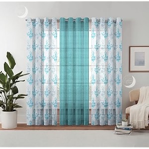 semi transparent 3 piece tissue net sheer polyester tree print door eyelet curtains with grommet for living room home dcor - 7 feet blue pack of 3