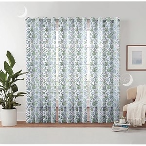 semi transparent 3 piece tissue net sheer polyester tree print long door eyelet curtains with grommet for living room home dcor - 9 feet blue pack of 3