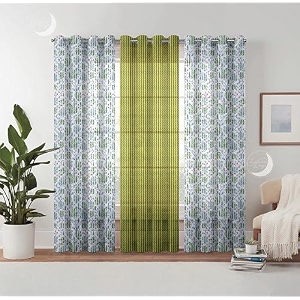 semi transparent 3 piece tissue net sheer polyester tree print long door eyelet curtains with grommet for living room home dcor - 9 feet blue pack of 3