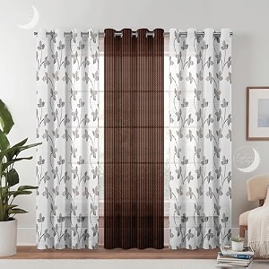 semi transparent 3 piece tissue net sheer polyester leaf stripes print door eyelet curtains with grommet for living room home dcor - 7 feet brown pack of 3