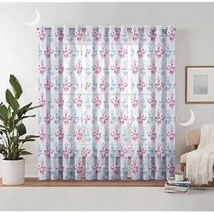 semi transparent 3 piece tissue net sheer polyester floral door eyelet curtains with grommet for living room home decor - 7 feet maroon pack of 3