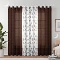 Semi Transparent 3 Piece Tissue Net Sheer Polyester Stripes Leaf Print Long Door Eyelet Curtains with Grommet for Living Room Home Décor - 9 Feet, Brown, Pack of 3