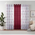 Semi Transparent 3 Piece Tissue Net Sheer Polyester Floral Stripes Door Eyelet Curtains with Grommet for Living Room Home Decor - 7 Feet, Maroon, Pack of 3