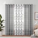 Semi Transparent 3 Piece Tissue Net Sheer Polyester Stripes Leaf Print Door Eyelet Curtains with Grommet for Living Room Home Décor - 7 Feet, Grey, Pack of 3