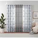 Semi Transparent 3 Piece Tissue Net Sheer Polyester Floral Stripes Door Eyelet Curtains with Grommet for Living Room Home Decor - 7 Feet, Grey, Pack of 3